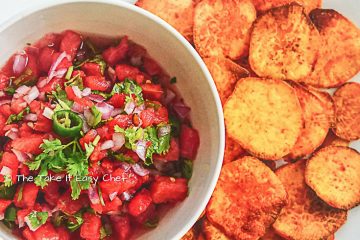 Baked Sweet Potato Chips with Watermelon Salsa