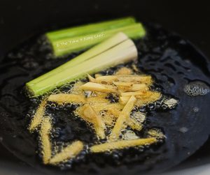 Fry lemongrass stalks and ginger